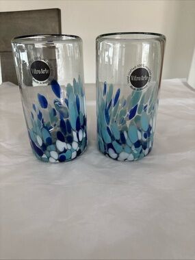 2 New VitroArte  Handblown Confetti Swirl Stemless  Glasses Made in Mexico